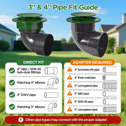 Pop Up Drainage Emitter, Fits 3-Inch and 4-Inch Sewer and Drain Fittings, Dual-Rod Outdoor Drain Cover for Yard Outlets, Downspouts, Channel Drains & Catch Basins