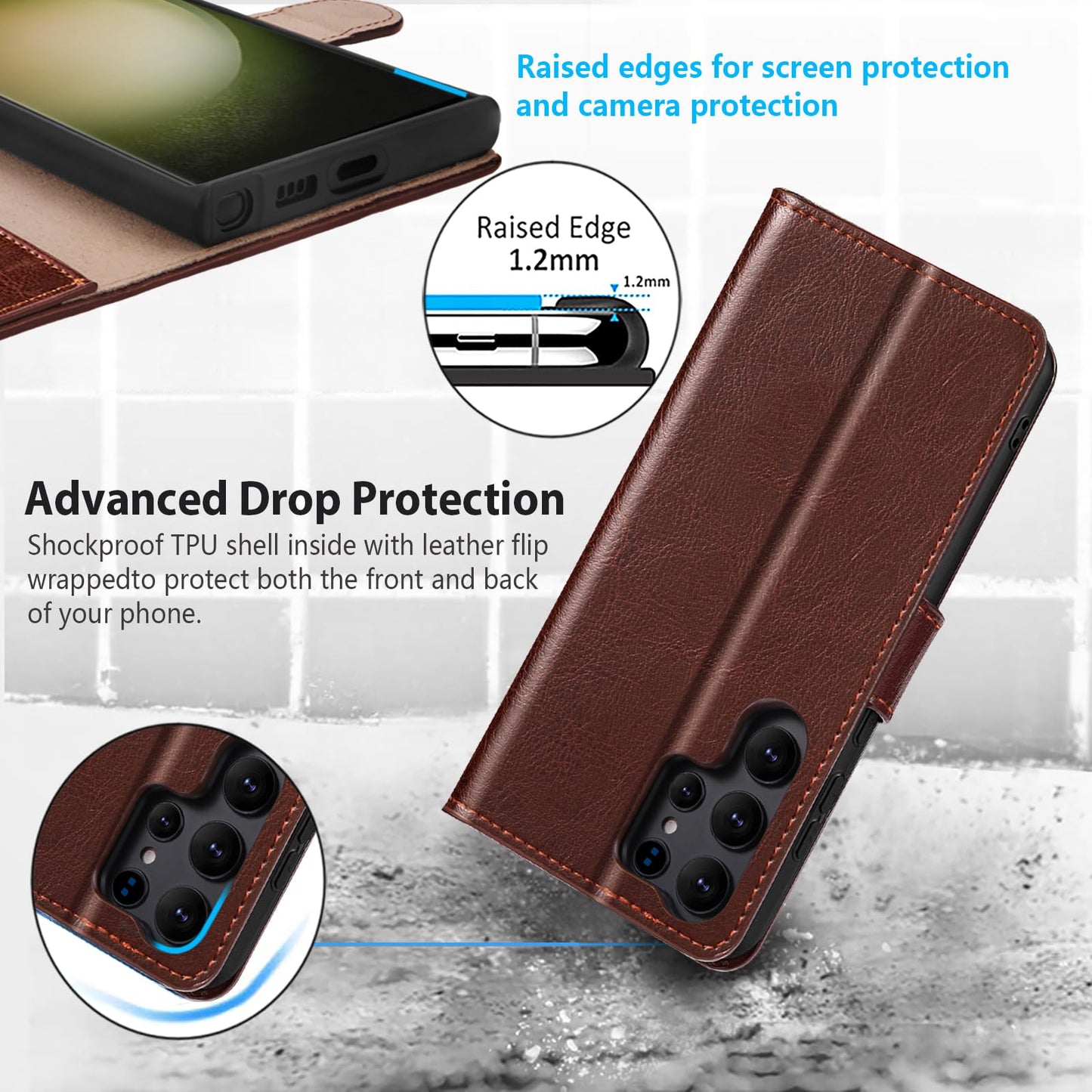 Belemay Wallet Case for Samsung Galaxy S25 Ultra, Two-Tone Genuine Leather [Durable & Protective] RFID Blocking Card Holders, Shockproof TPU Shell, Kickstand, Drop Protection Flip Cover 6.8", Brown