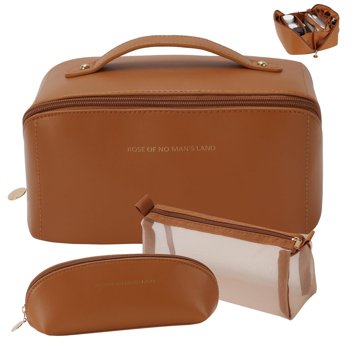 zaleeta 3 Pcs Travel Makeup Bag Portable Large Capacity Cosmetic Bags for Women Open Flat Makeup Case Organizer Bag Set of 3 Waterproof PU Leather Toiletry Bags with Divider and Handle (Brown, Medium)
