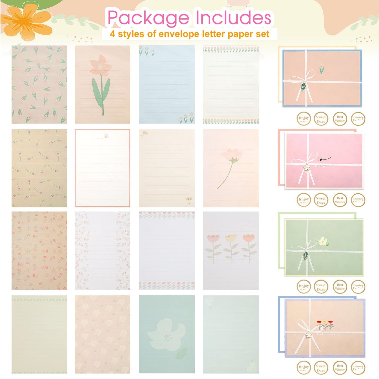 KSIWRE 48 PCS Stationery Paper and Envelopes Set,Cute Floral Stationary Set for Writing Letters,Double Sided Printing,Letter Writing Kit