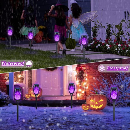 KYEKIO 16Pack Purple Halloween Yard Decorations Outside, Solar Powered Outdoor Lights with Flickering Flame for Outside Halloween Decorations, Solar Garden Lights Outdoor Waterproof for Patio Decor
