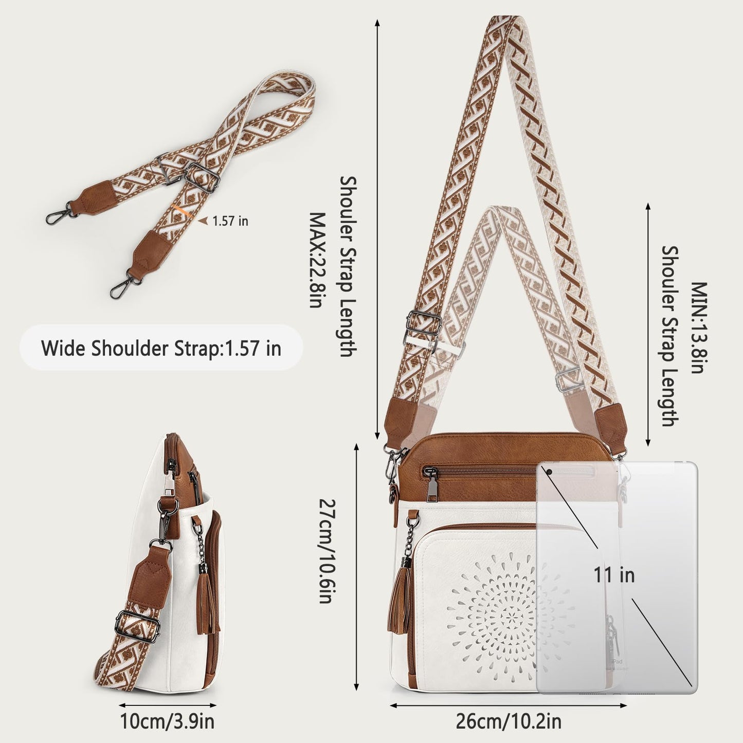 RAINSMORE Crossbody Bags for Women Leather Crossbody Purse Designer Womens Shouler Bags Handbags Trendy Medium Cross Body Purse Travel Work, white brown