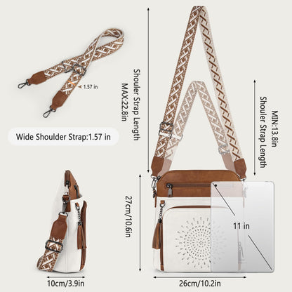 RAINSMORE Crossbody Bags for Women Leather Crossbody Purse Designer Womens Shouler Bags Handbags Trendy Medium Cross Body Purse Travel Work, white brown