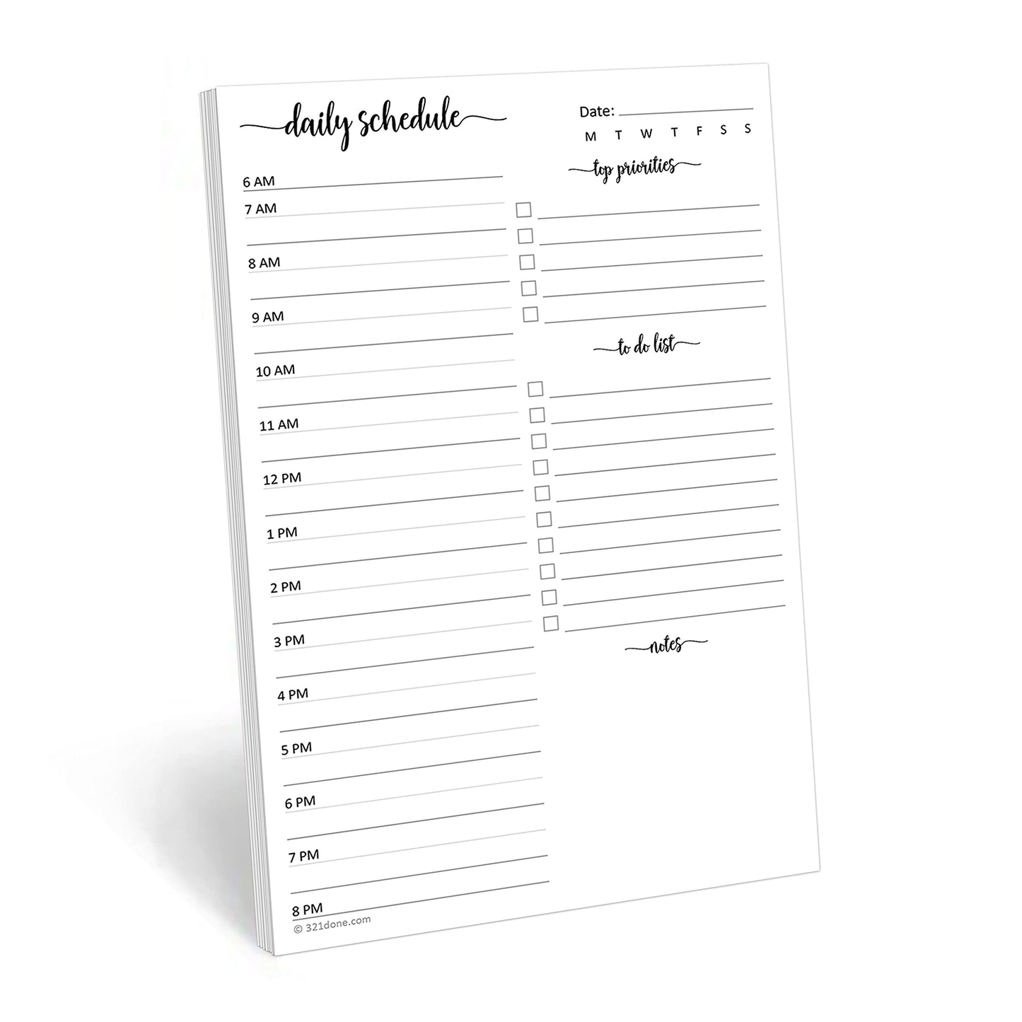 321Done Daily Schedule Planning Notepad - 50 Sheets (5.5x8.5) – Hourly Appointment Daily Planner To Do Checklist Tear-Off Note Pad - Made in USA - Simple Script Half-Letter Small Size