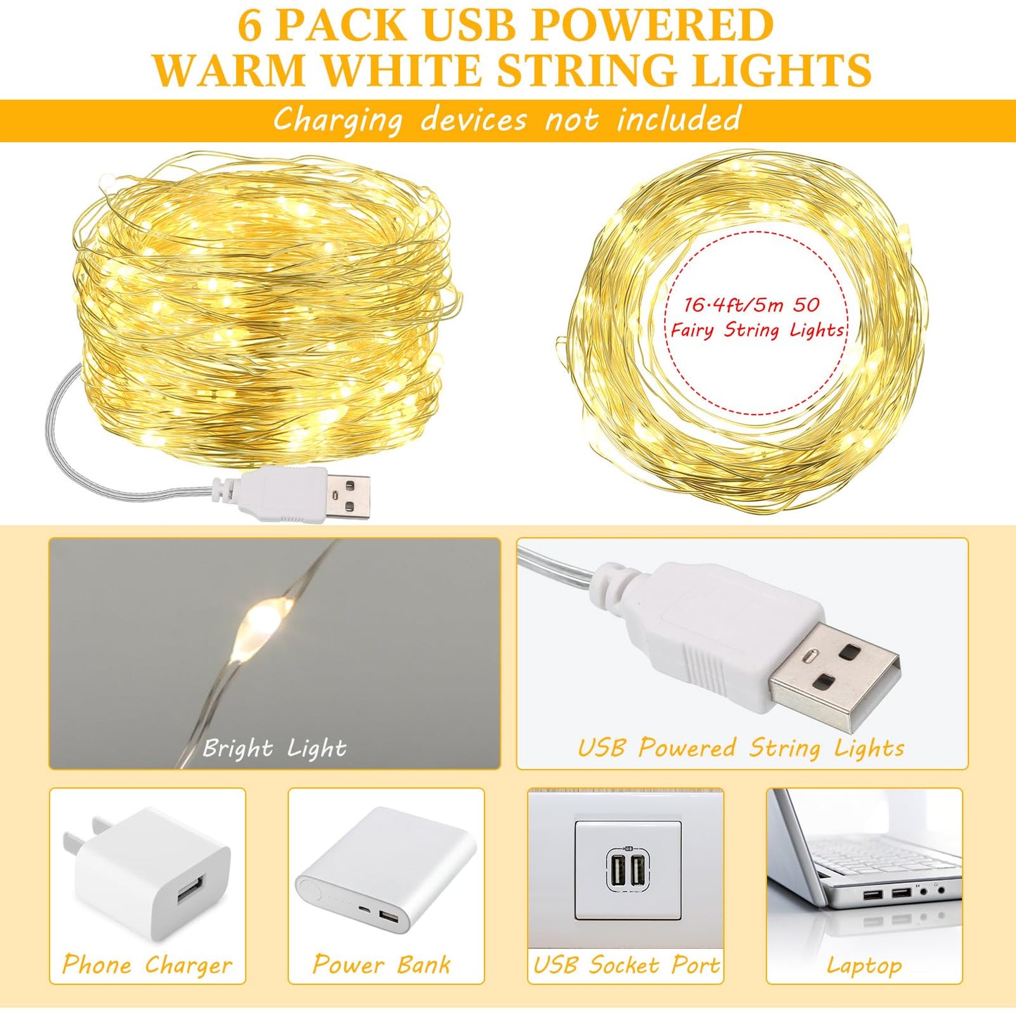Macarrie 6 Pcs Warm White Fairy Lights USB Powered 16 ft 50 LED String Lights Plug in for Indoor Outdoor Bedroom DIY Party Wedding Home Festival Tree Garden Xmas Decoration