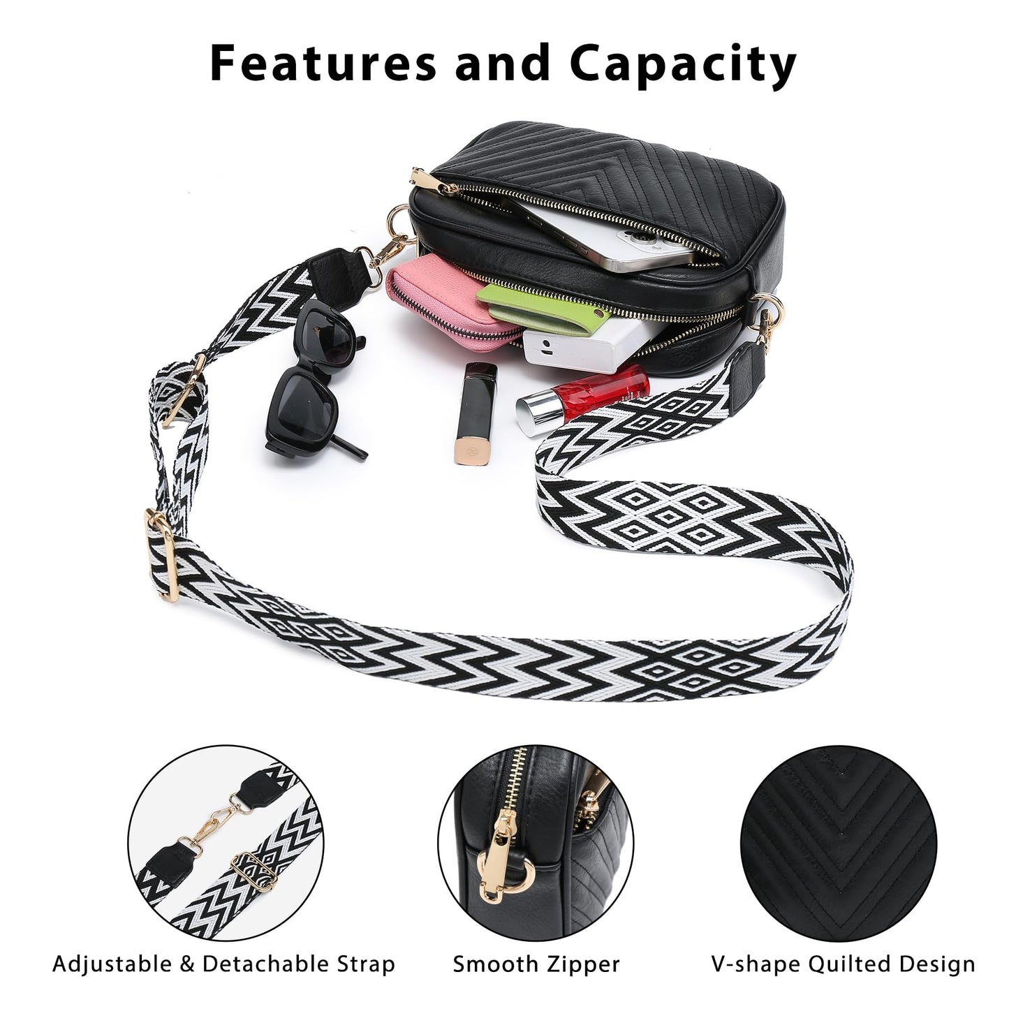 VONMAY Crossbody Purse for Women Quilted Crossbody Bags Vegan Leather Purses Small Shoulder Handbags with Wide Strap (Black)
