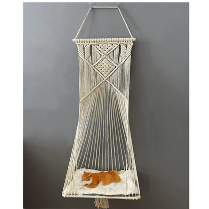 Sdjazl Macrame Hanging Cat Hammock Bed Cat Swing House Space Saving Window Perch with Washed Cotton Cats Toy Tassel Basket Tapestry (Beige, Swing Bed+Cushion)