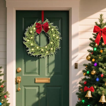 30 Inch Christmas Wreaths for Front Door with Lights,Lighted Norfolk Pine Door Wreath,Prelit Real Touch Artificial Green Winter Wreath with Large Burgundy Velvet Bow for Indoor Outdoor Decor