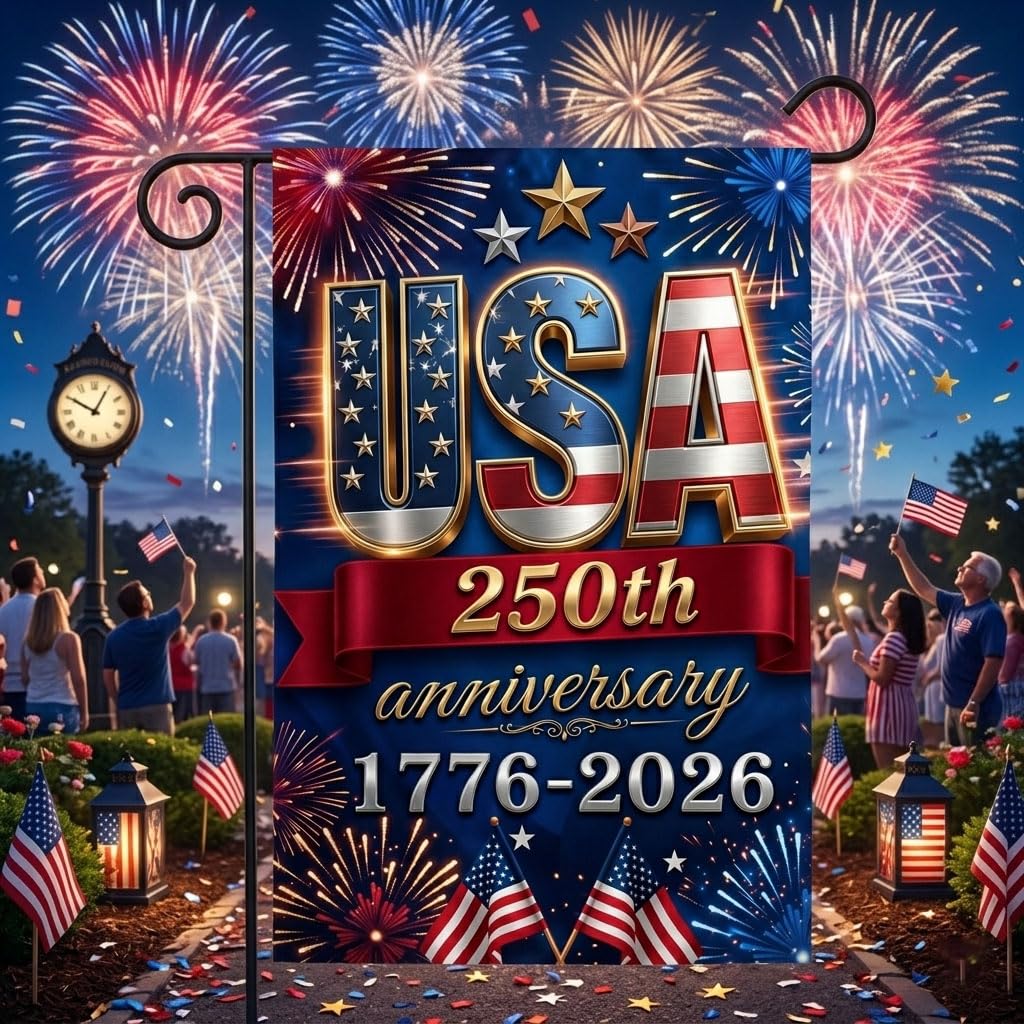 250 Anniversary USA Flag, 4th of July Decorations, Double Sided, UV Protection, Fade Resistant, 12x18 Inch, American Patriotic Outdoor Yard Garden Flags, 1776-2026 Commemorative (Blue)