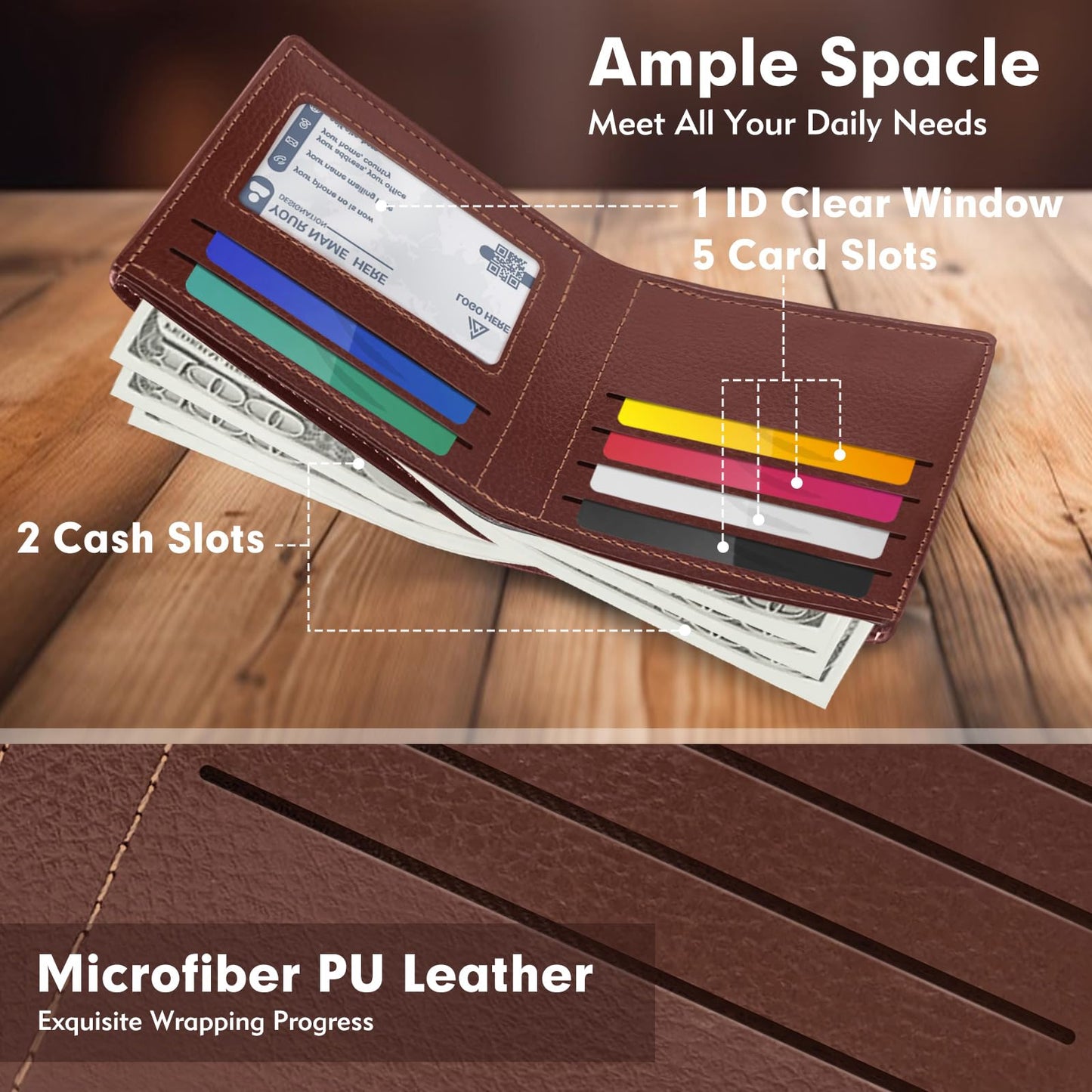 Plinvo Genuine Leather Slim Bifold Wallet for Men, RFID Blocking Minimalist Design with ID Window and 6 Card Slots (Brown)