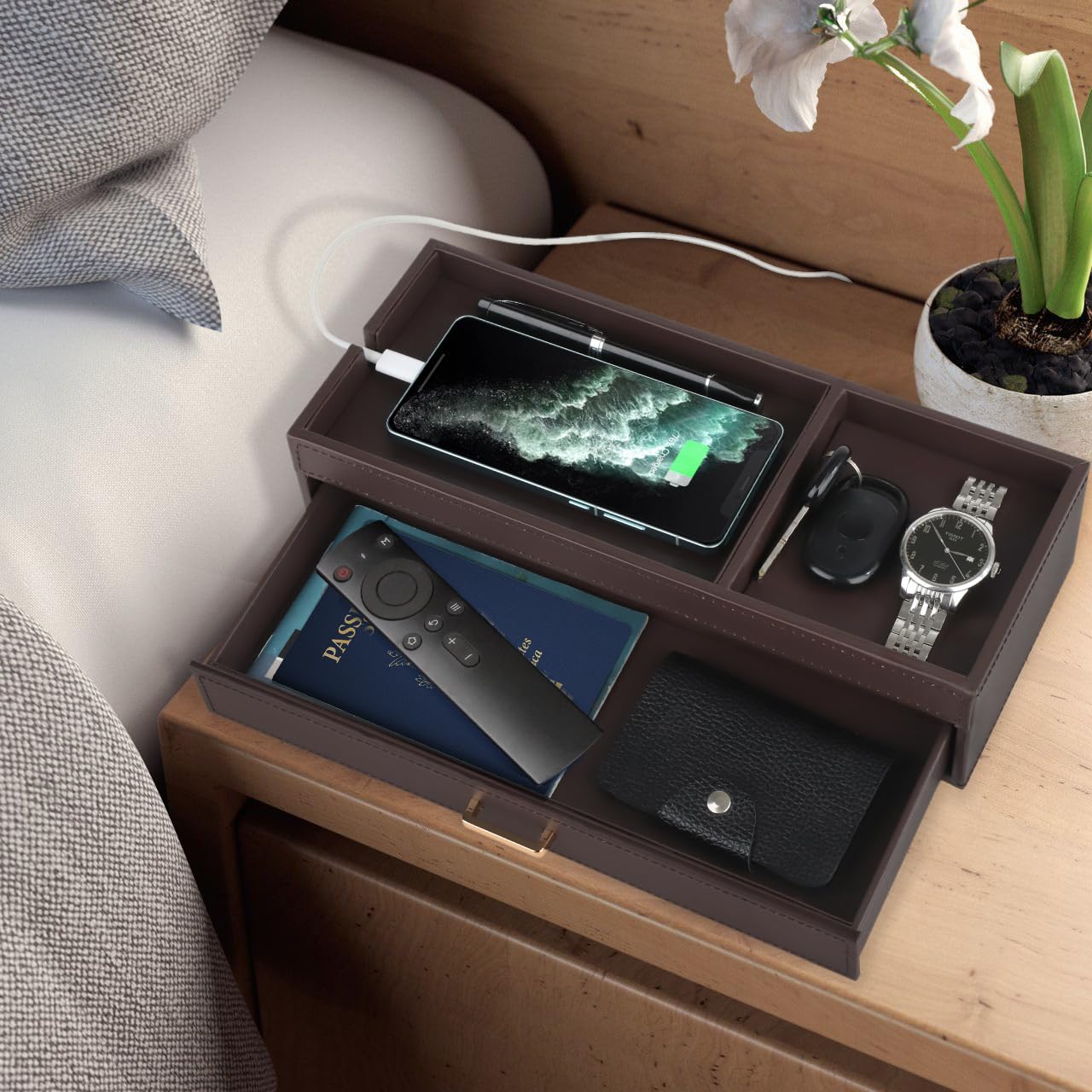 HofferRuffer Valet Jewelry Tray Organizer with Drawer, Faux Leather Storage Catchall Box Phone Charging Station Tray with Dresser Nightstand Desktop Drawer Organizer (Dark Brown)
