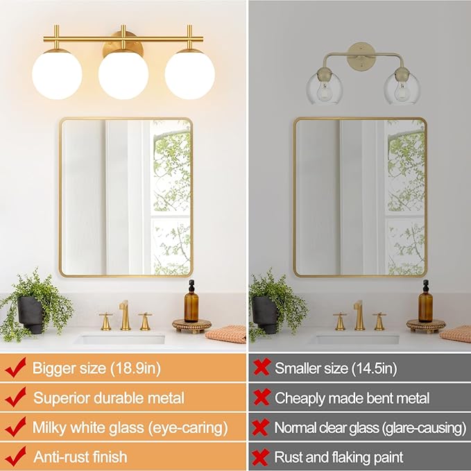 3-Light Bathroom Light Fixtures, Brushed Gold Vanity Lights for Bathroom with Milky White Glass Ball Shades, 18.9 inch Bathroom Lighting Fixtures Over Mirror, Wall Sconce for Bedroom (Exclude G9 Bulb)