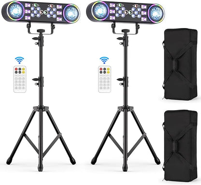 80W Dj Lights with Stand,7 in 1 Party Light Dj Disco Lights Sound Activated DMX Wireless Control with Rotating Ball,Strobe,UV,Colorful Effect for Stage KTV Band Wedding with Carry Bag (Black, 2)