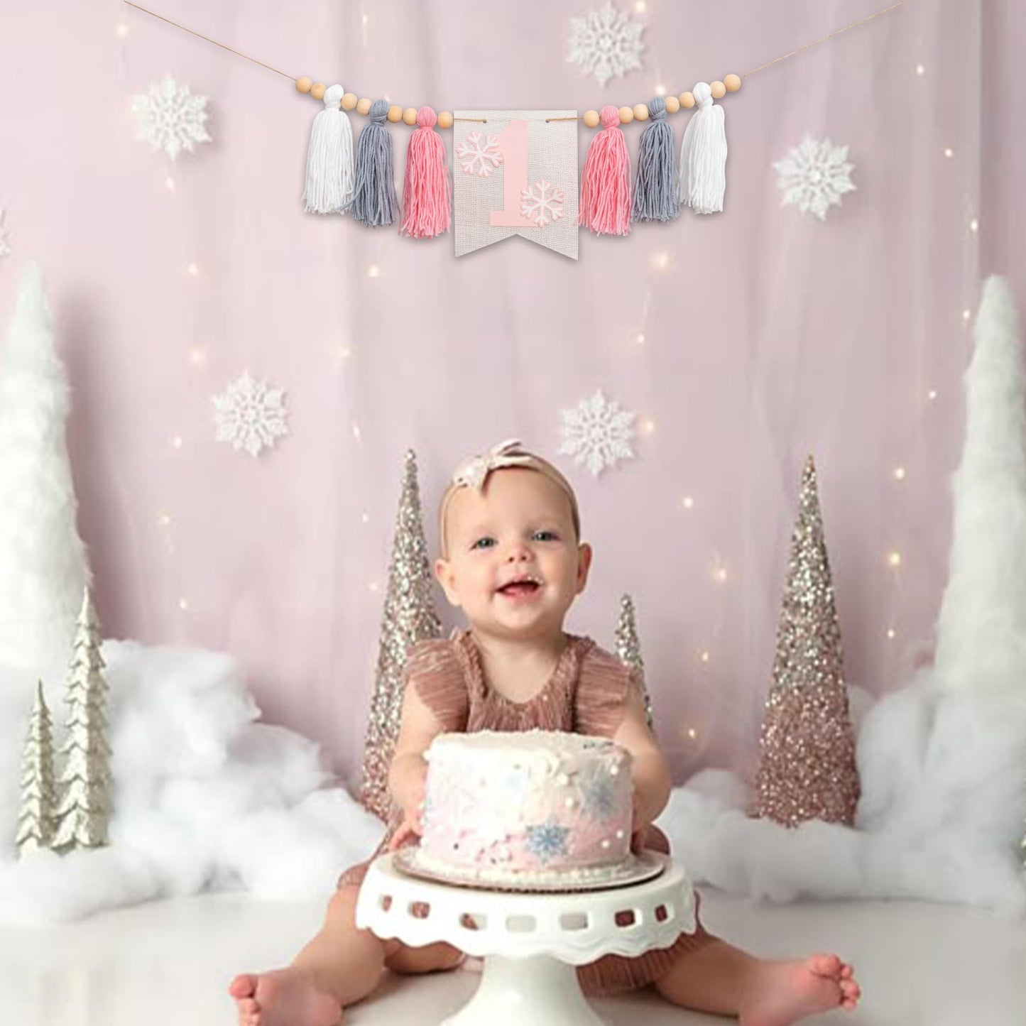 Upfirst Snowflake 1st Highchair Banner - Winter Wonderland First Birthday Decor, Snow Princess Theme Party Banner, Pink Gray White Tassels Snowflake Highchair Garland (Snowflakes Banner)