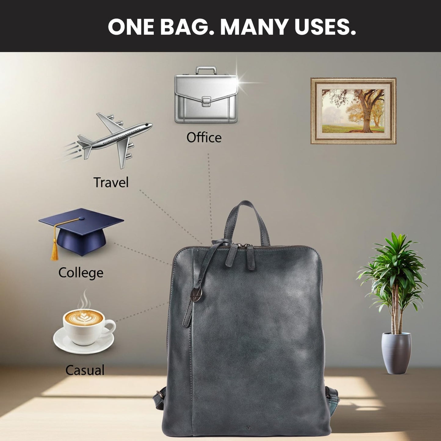 VILENCA HOLLAND 12.5 Inch Genuine Leather Backpack for Women and Men, Grey Leather Backpack with Adjustable Shoulder Strap