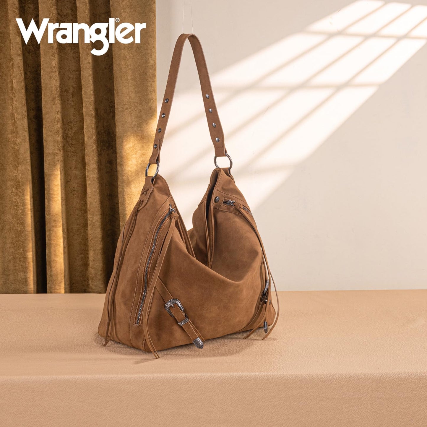 Wrangler Large Brown Hobo Bags for Women Purses and Handbags with Buckle Fringe Zipper Faux Suede Leather Shoulder Bag WG245-918BR