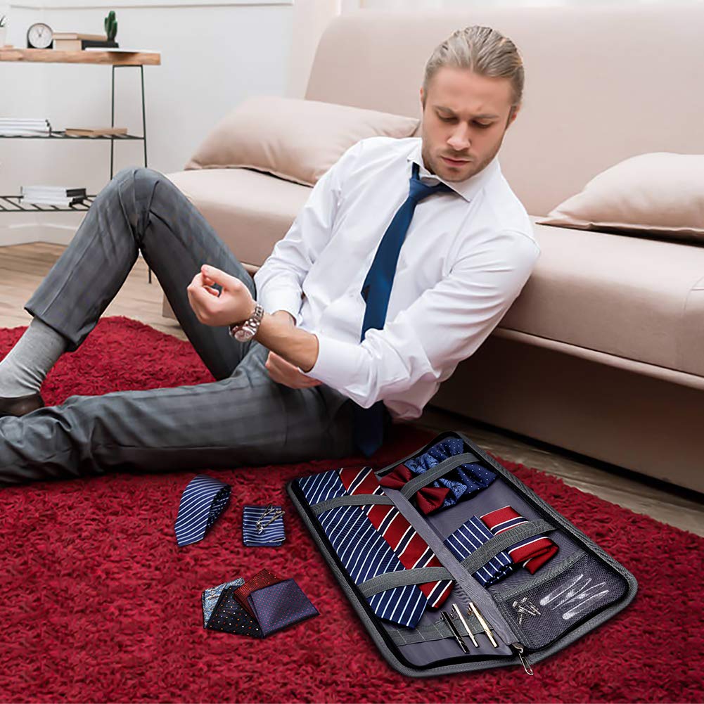Modoker Mens Gift Tie Case for Travel Necktie Carrier Organizer Bag Storage Cufflinks and Suit Accessories,Blue