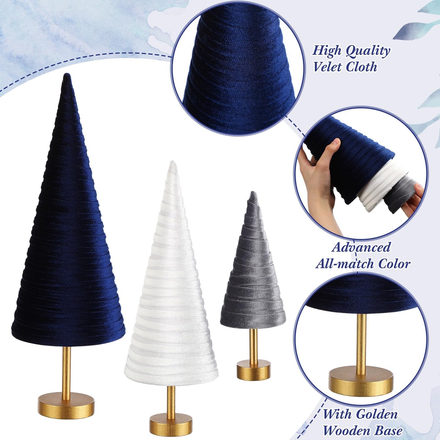 Hoolerry 6 Pcs Christmas Velvet Trees with Gold Pedestal Christmas Velvet Cones Tree Mantel Decor Modern Rustic Winter Home Minimalist for Holiday Entryway Table Wedding Centerpiece(Dusty Blue)