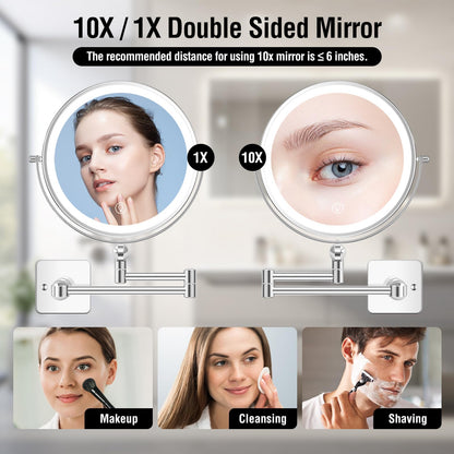 Lighted Makeup Mirror, Rechargeable Height Adjustable Double Sided, 1x/10x Magnifying with 3 Color, Brightness Adjustable, 360° Rotation Vanity, Gift for Women