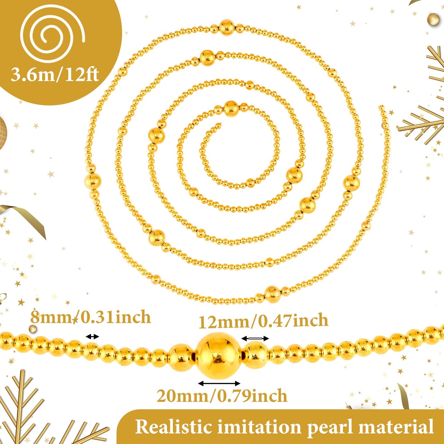Yalikop 11.8 ft Gold Faux Pearl Beads Garland for Wedding Pearl Garland Strand Chain Wedding Decoration for Floral Centerpieces Bridesmaid Party Favor Mantel Fireplace Stairs