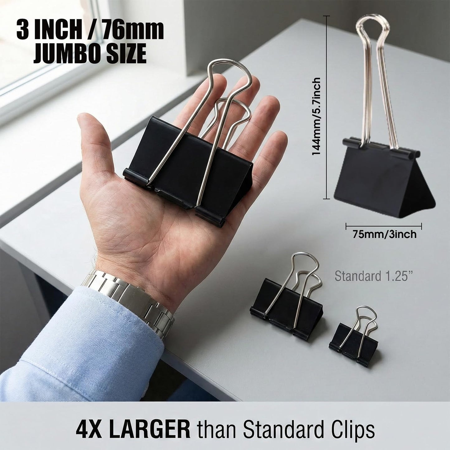 3 Inch Extra Large Jumbo Binder Clips (30 Pack)– Sturdy Black Metal Paper Clamps, Bulldog Clips for Office, Home & Classroom, Tempered Steel with 1.5" Capacity for Documents, Files, Craft Boards