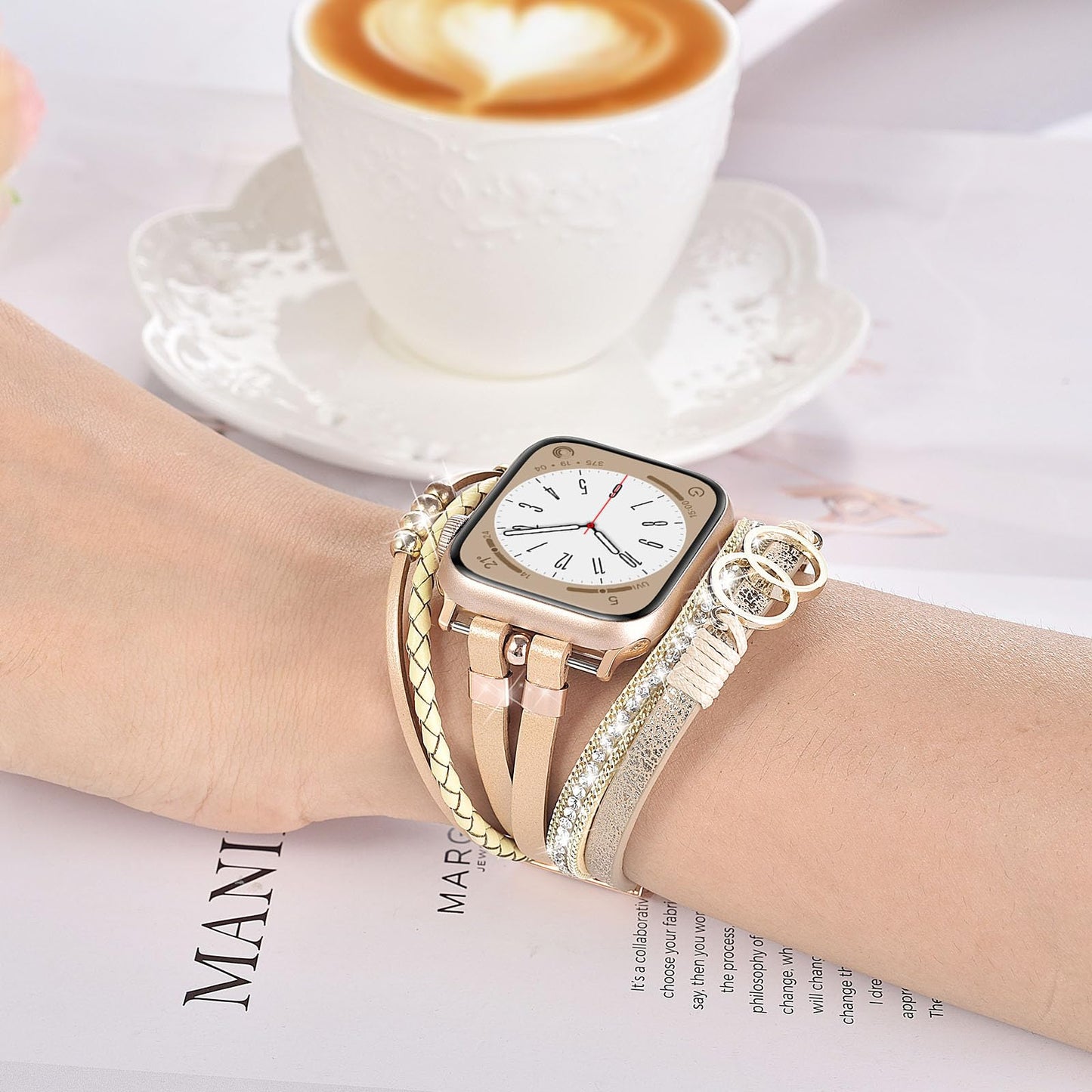 MOFREE Boho Leather Bracelet Compatible with Apple Watch Band 38mm 40mm 41mm Women, Handmade Multilayer Wrap Beaded Jewelry Apple Watch Strap for iWatch Series 10 9 8 7 6 5 4 3 2 1 Rose Gold