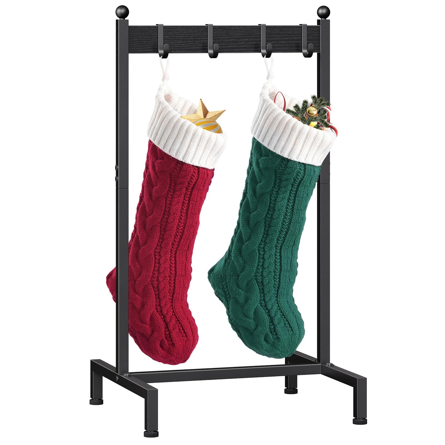 ELYKEN Christmas Stocking Holder Stand for Floor, Free Standing Stocking Rack with 4 Removable Hooks, Wood Stocking Hanger Stand, Heavy Duty Xmas Stocking Stand with Adjustable Feet, Black