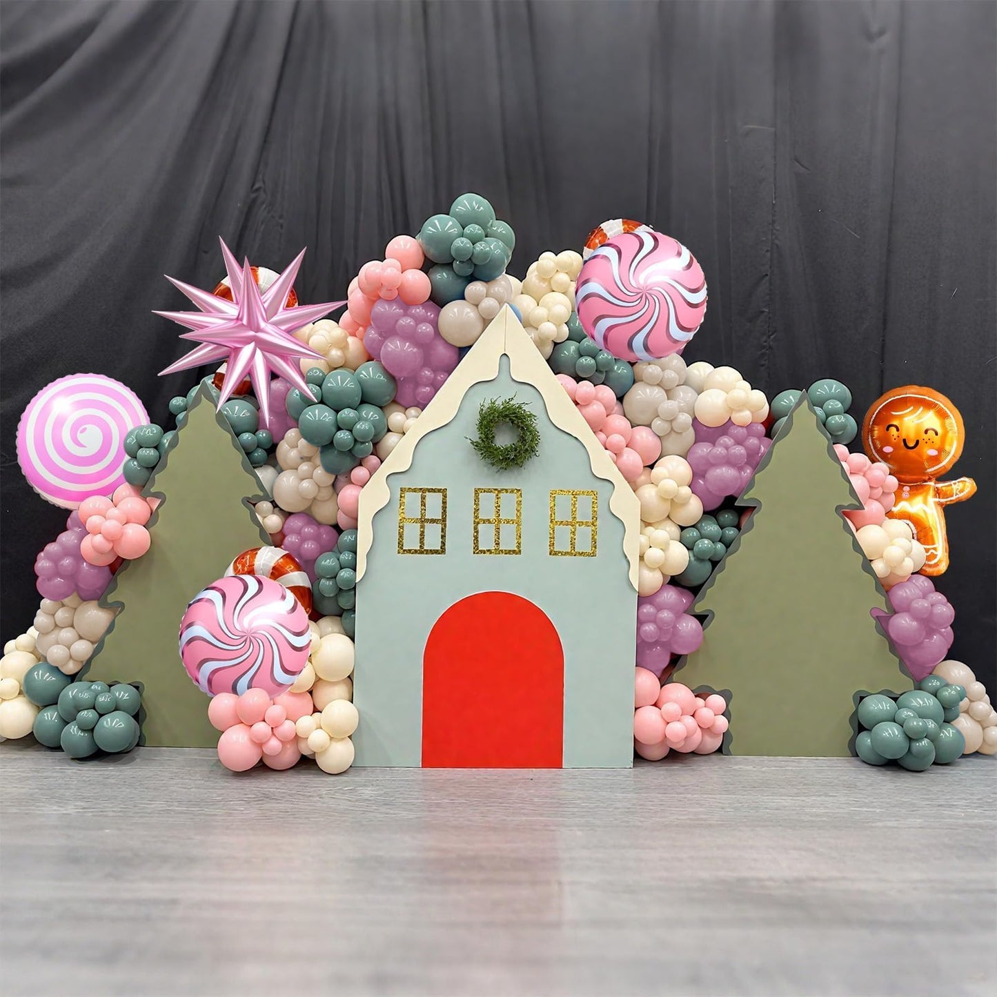 Christmas Balloon Arch Kit, Sage Green Nude Pink Purple Balloons with Lollipop Candy Gingerbread Man Star Foil Balloons for Xmas Holiday Winter Birthday New Year Party Decorations