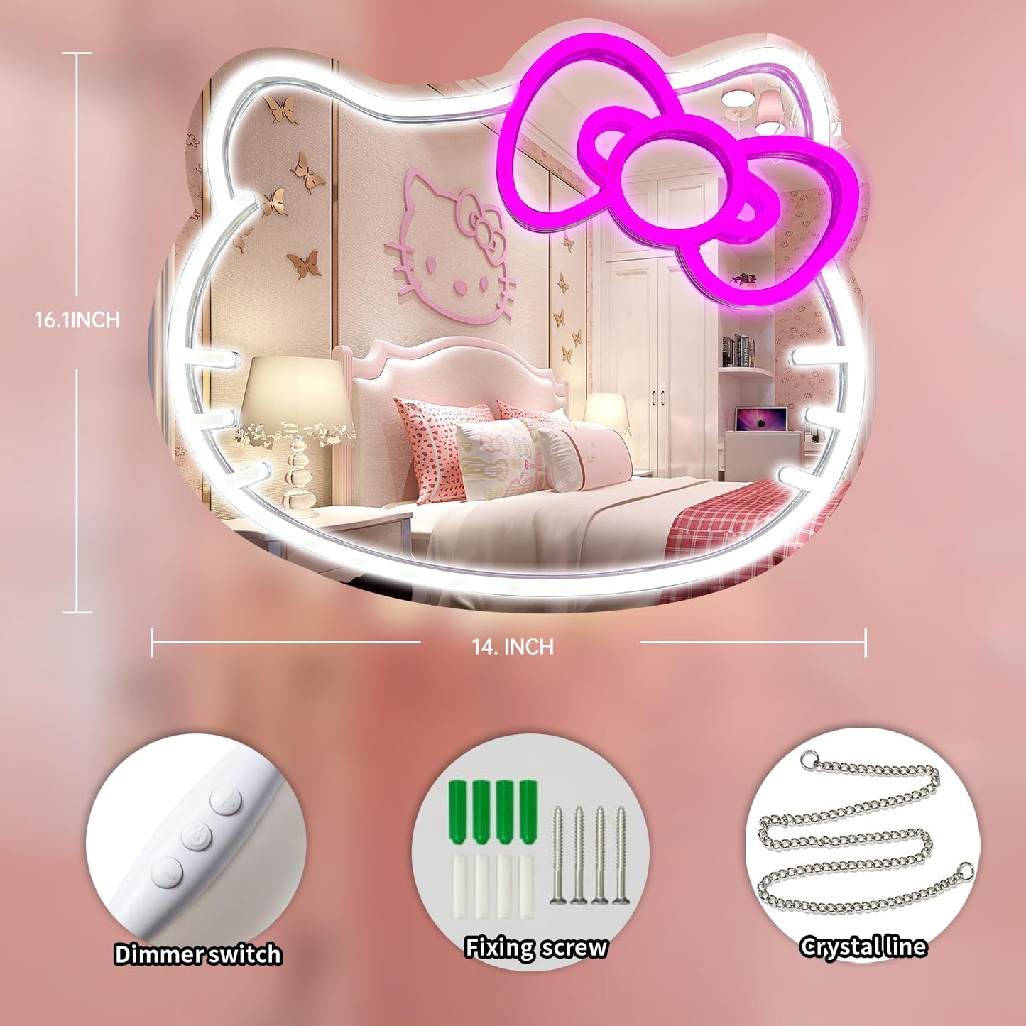 MCJSGSP Anime Hello Kit Mirror with Light Neon Signs for Wall Decor, Dimmable for Teen Girl Gift，Makeup Mirror neon Sign Room Decor (16.1 * 14 inch)
