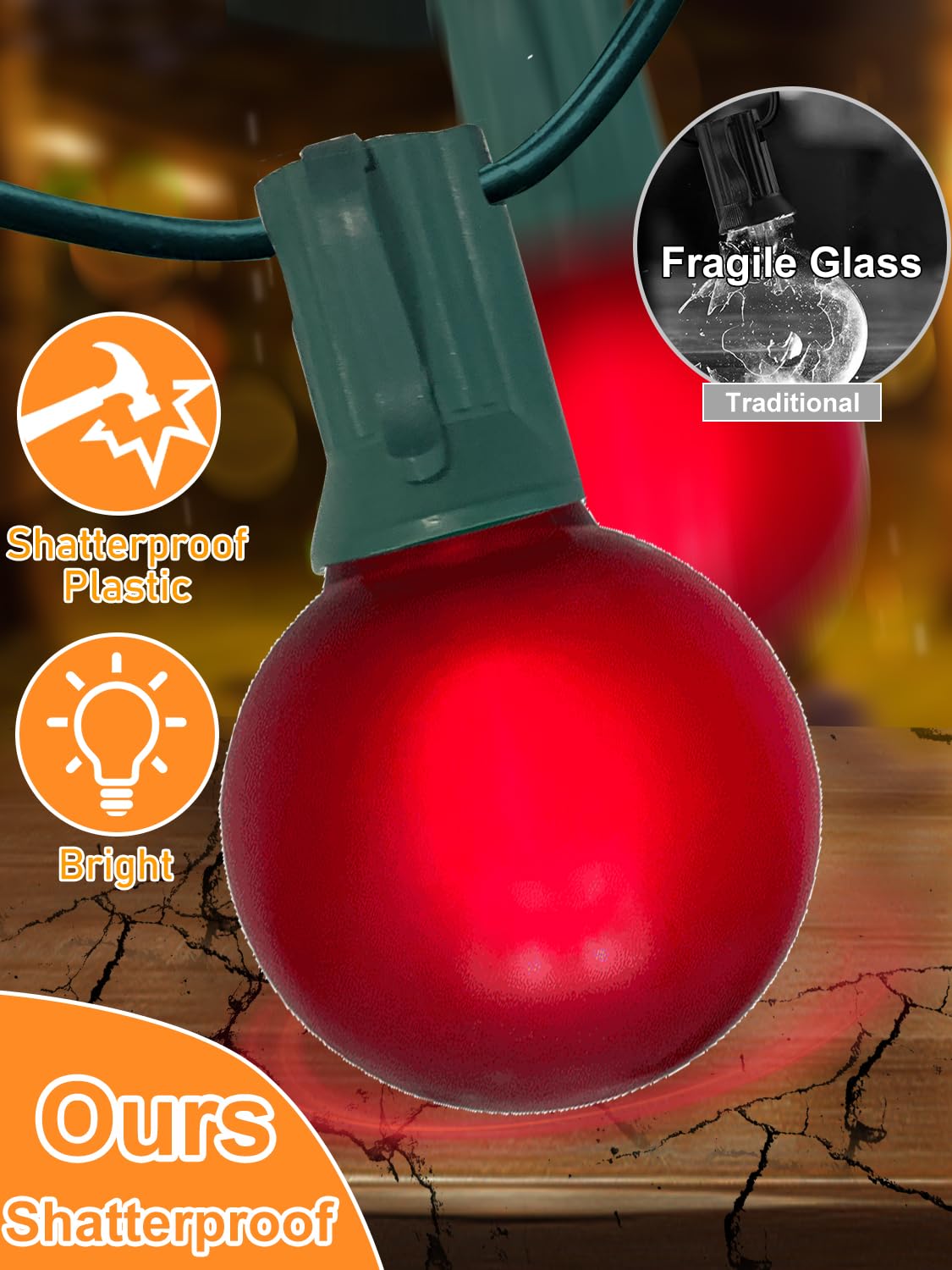 SUNSGNE 50FT G40 Round Christmas Lights Outdoor, Globe Christmas String Lights with 27 LED Frosted Red Green Lights(2 Spare) for Patio Balcony Roofline House Tree Decor, Green Wire
