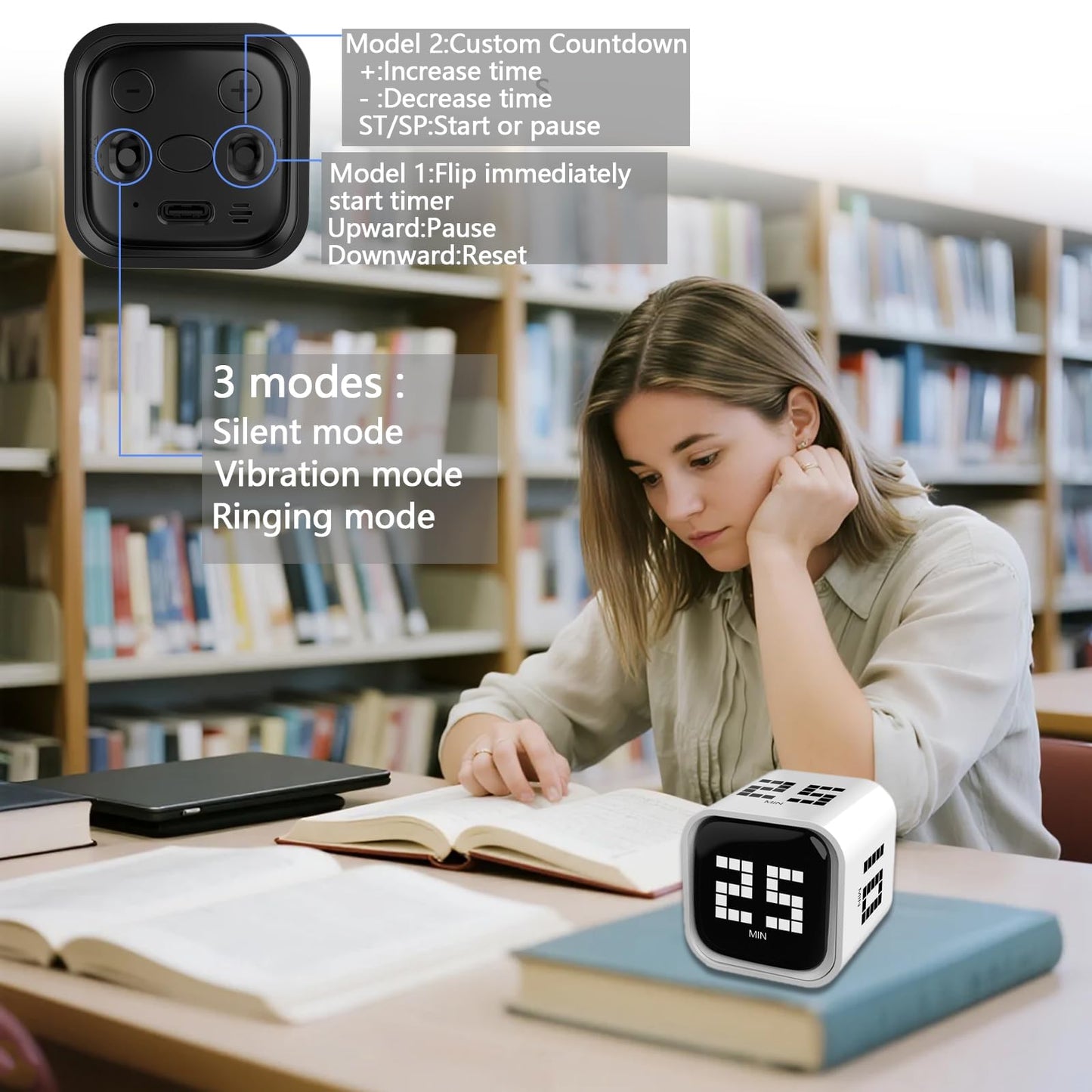 Rotating Focus Timer, 5/25/10/50-Minute Pomodoro Timer, Desk Flip Countdown with Vibration & Volume Control, ADHD-Friendly Tool for Office, Study, and Kitchen (Black)