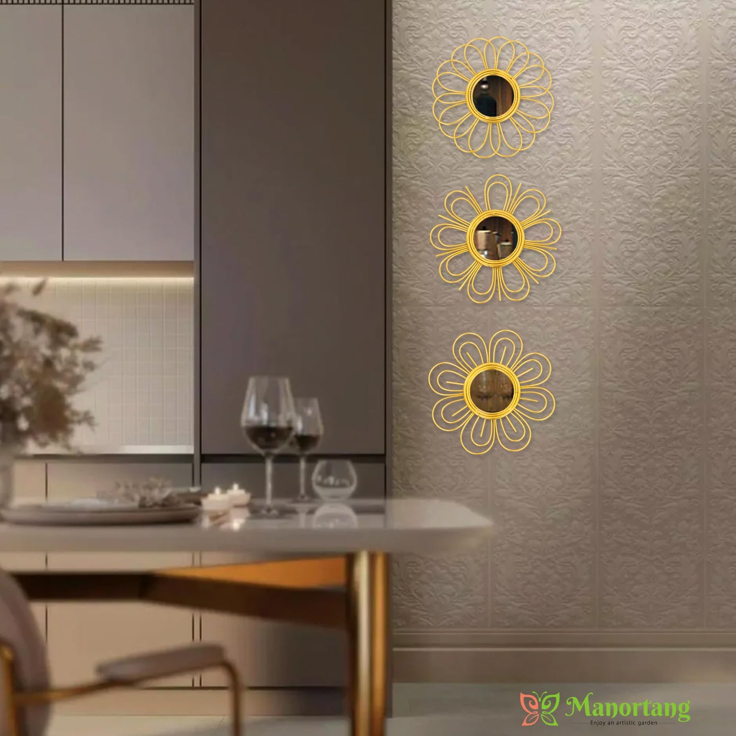 Gold Mirrors 3 Piece, 9 inch Flower-Indoor Shaped Mirror Hanging Wall Decor
