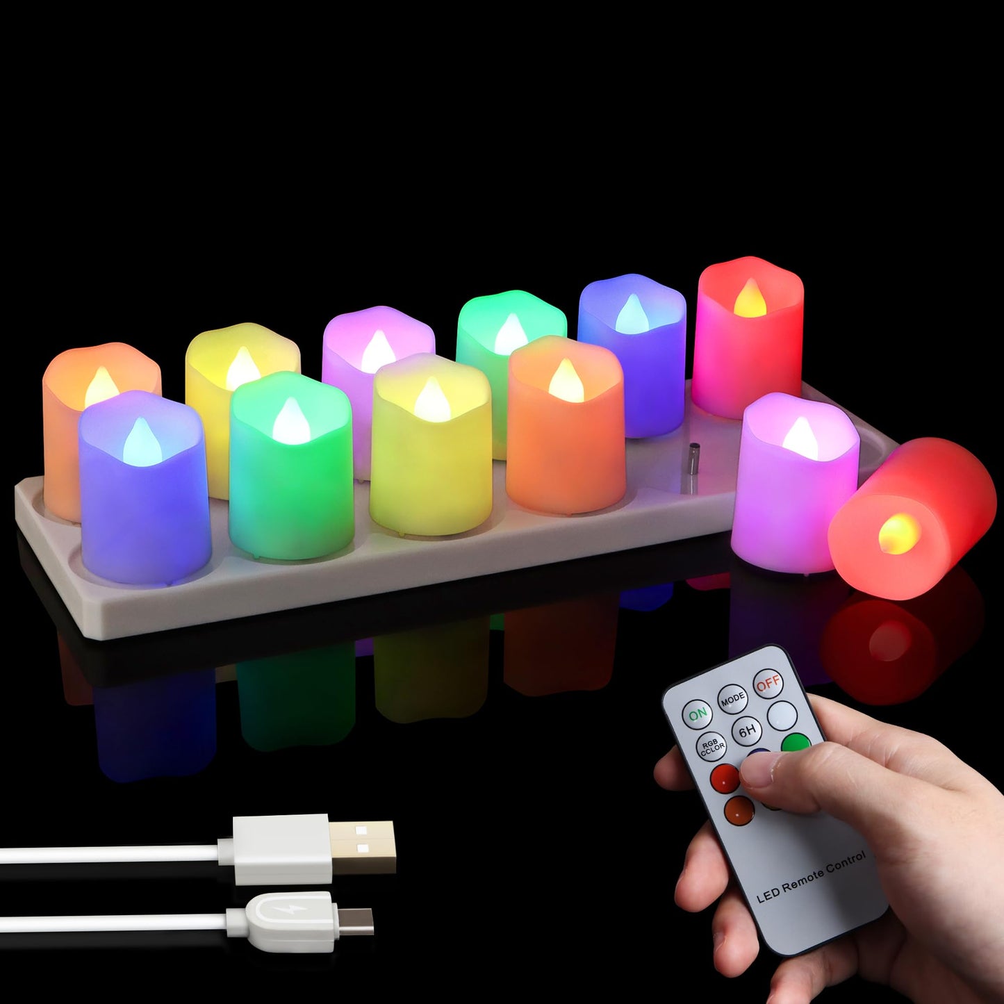 Sanmli 12pcs Rechargeable Flameless Tea Lights RGB with Charging Base and Remote Timer, Color Changing Flickering Electric LED Votive Fake Candles, USB Cable Included