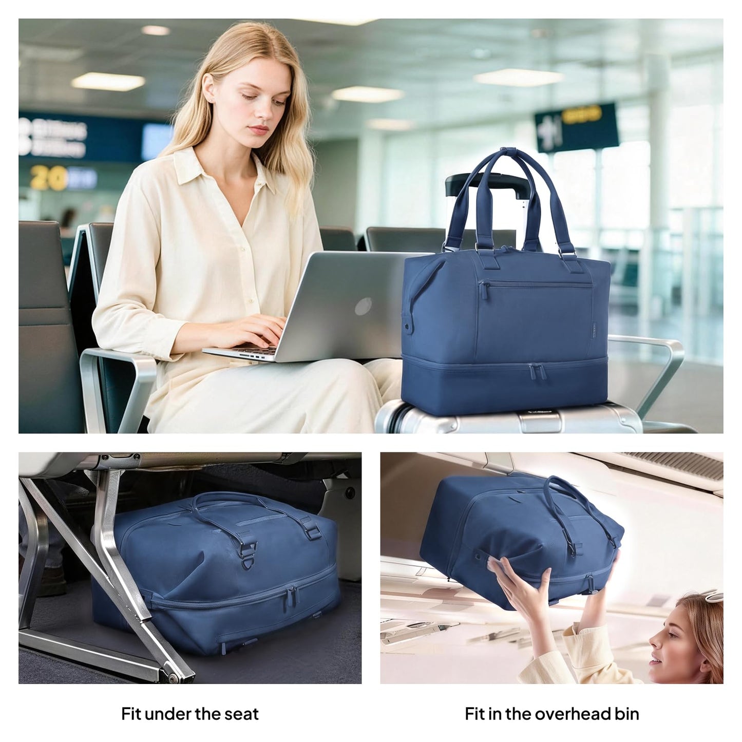 Travel Duffle Bag for Women, 40L Weekender Bags Airline Approved Carry On with Shoe Compartment & Waterproof Wet Pocket, Durable Nylon Weekender Overnight Bag for Travel, Gym, Business Trip, Blue