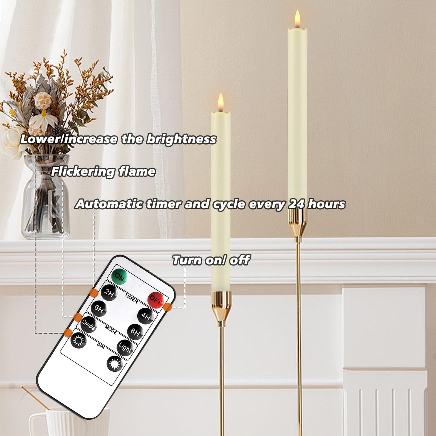 YOROXRG 24 Pack LED Flameless Taper Candles with Timer, Dripless Fake Candlesticks with 3D Flickering Flame, 9.6 Inches White Window Candle for Fireplace Christmas Halloween（Ivory）