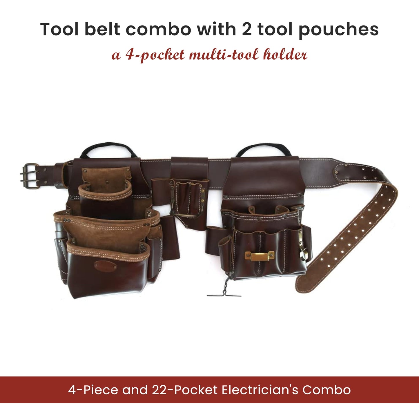 Style n Craft 4-Piece and 22-Pocket Electrician’s Combo, Tool Belt with 2 Tool Pouches and a 4-Pocket Multi-Tool Holder, Full-Grain Leather Electrician Tool Belt, Dark Tan (98464)