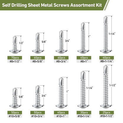 SVLING Self Tapping Screws Assortment Kit 465PCS, Modified Truss Head Sheet Metal Screws #8#10 1/2",5/8",3/4",1",1-1/4",1-1/2" Stainless Steel 410 Self Drilling Screw for Metal Wood Plastic