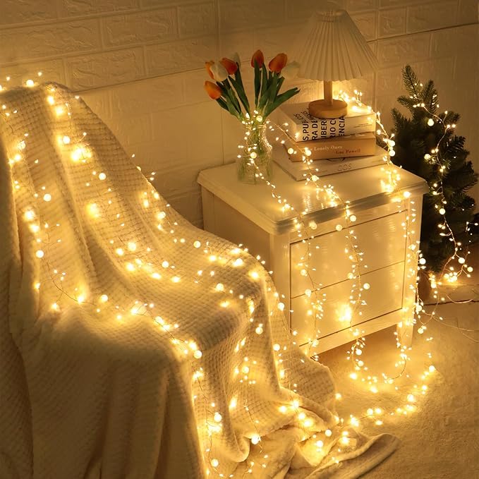 Battery Powered Fairy Lights with Remote, 100 LED Cluster Lights Christmas Waterproof Twinkly Globe String Lights for Christmas Tree Copper Wire Firecracker Light for Bedroom Indoor Decoration