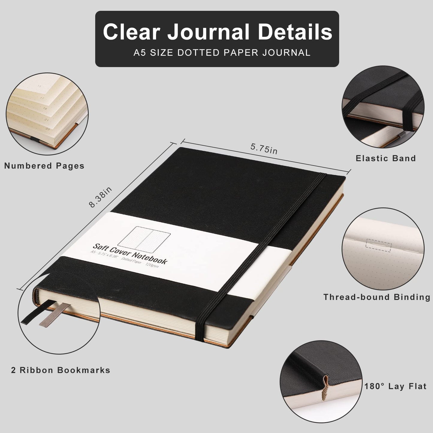 AHGXG Dotted Grid Journal 2 Pack - A5 Dot Grid Notebook Softcover, Medium 5.75'' × 8.38'', 320 Numbered Pages, 120gsm Thick Dotted Paper, Soft Leather Cover, Black Black