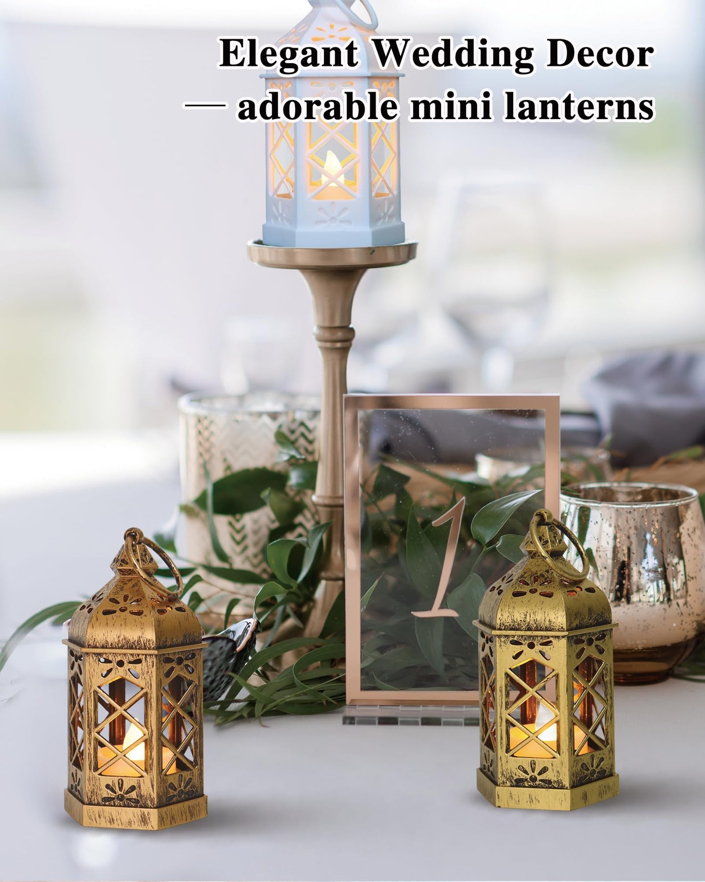 Reperla 8-Pack Mini Lanterns with Flickering LED Candles for Ramadan, Small Decorative Hanging Lanterns for Halloween, Christmas, Wedding, Gold Lantern for Table Centerpiece, Garden Party Decor