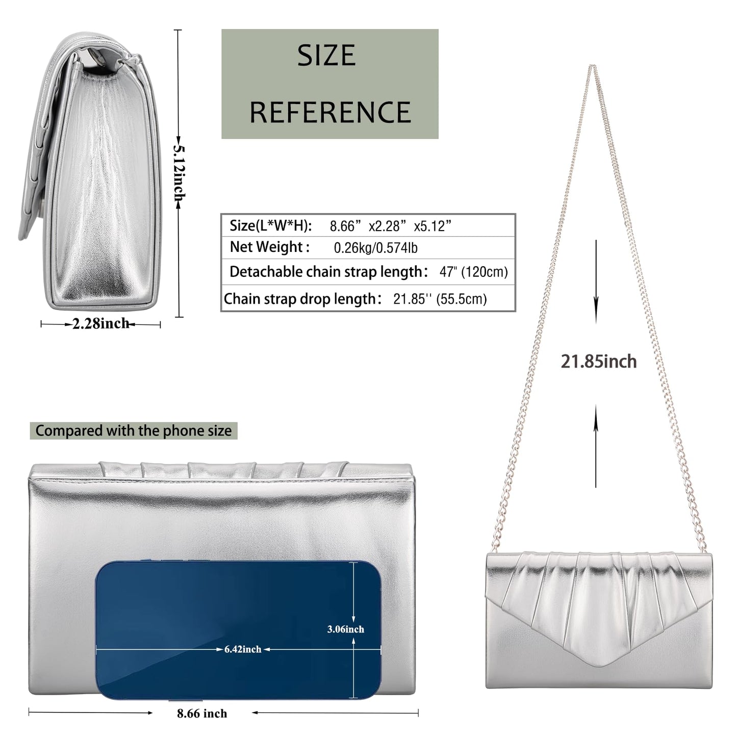 Venoline Women Evening Clutch Purse - Shimmering Metallic PU Leather Pleated Flap Envelope Handbag for Wedding Prom Party Silver