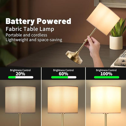 Rechargeable Cordless LED Table Lamp Fabric Shade Desk Lamp, 3-Level Dimmable Touch Control, 5200mAh, Patio Table Lamp, Bedside Night Lamp, Ambient Light for Restaurant.(Gold)