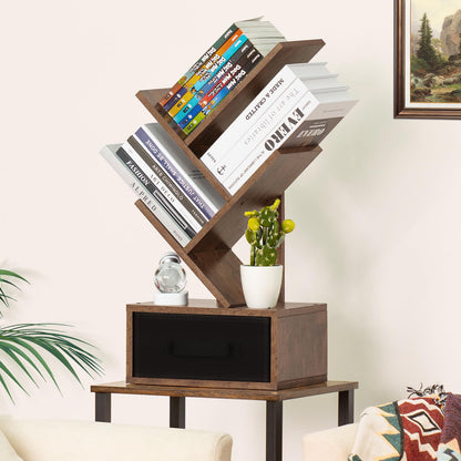 SHEEPAM Small Bookshelf with Drawer,4 Tier Tree Book Shelf,Wood Desk Bookshelves,Modern Free Standing Desktop Display Shelves,Brown Floor Standing Organizer Bookcase for Living Room,Bedroom,Office