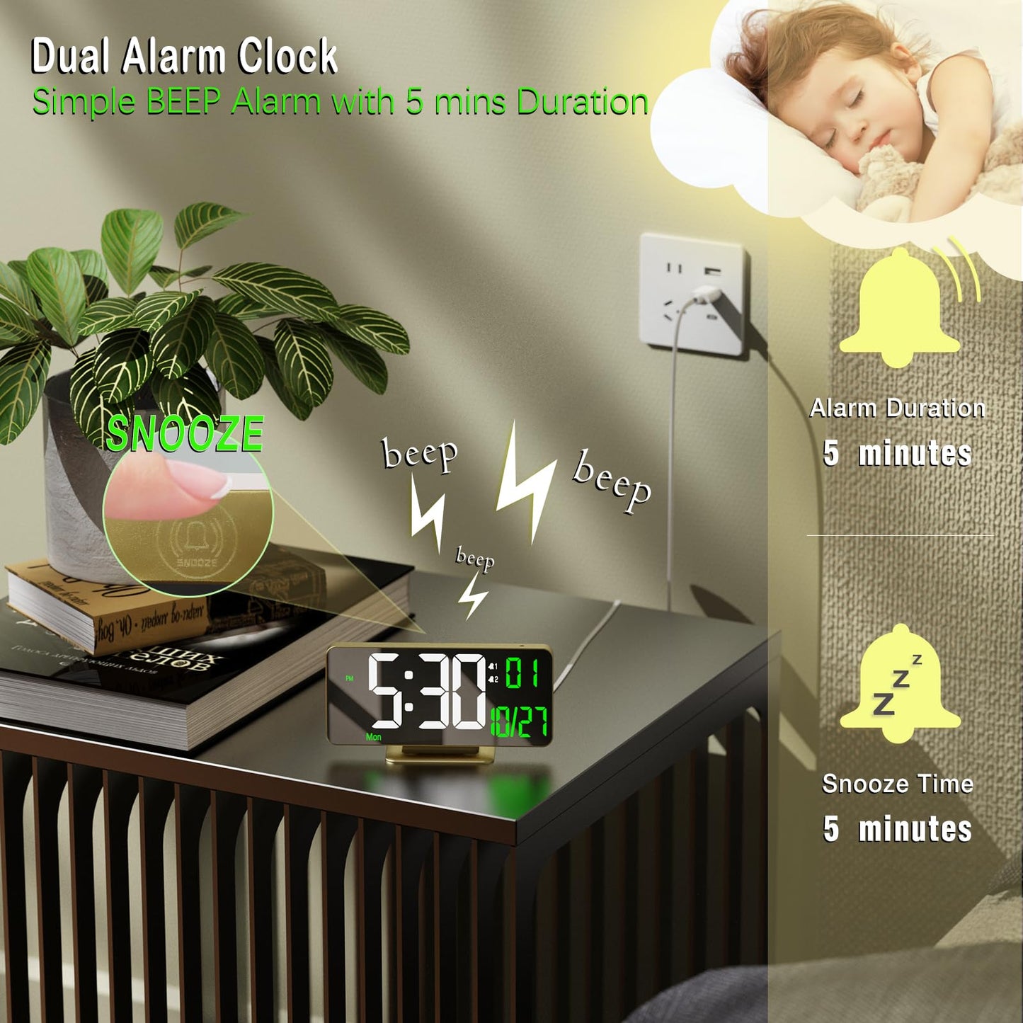 KOSUMOSU Desk Clock for Bedroom Accessories 6.7in Gold Digital Alarm Clock with Dimming,12/24h, Date, Day of Week, Temp, LED Clock, Modern Digital Calendar Clocks for Living Room Essentials