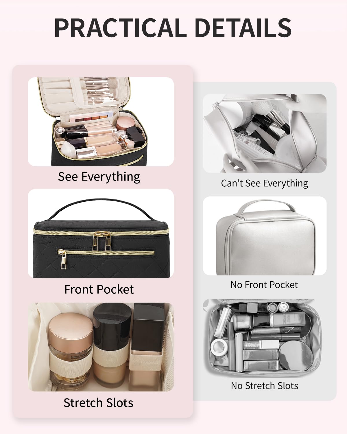 Wandering Nature Makeup Bag, Travel Make Up Organizer Cosmetic Brush Bags Case for Women in Eco Vegan Leather, Green & Quilted Fabric, Black(Patent Pending)