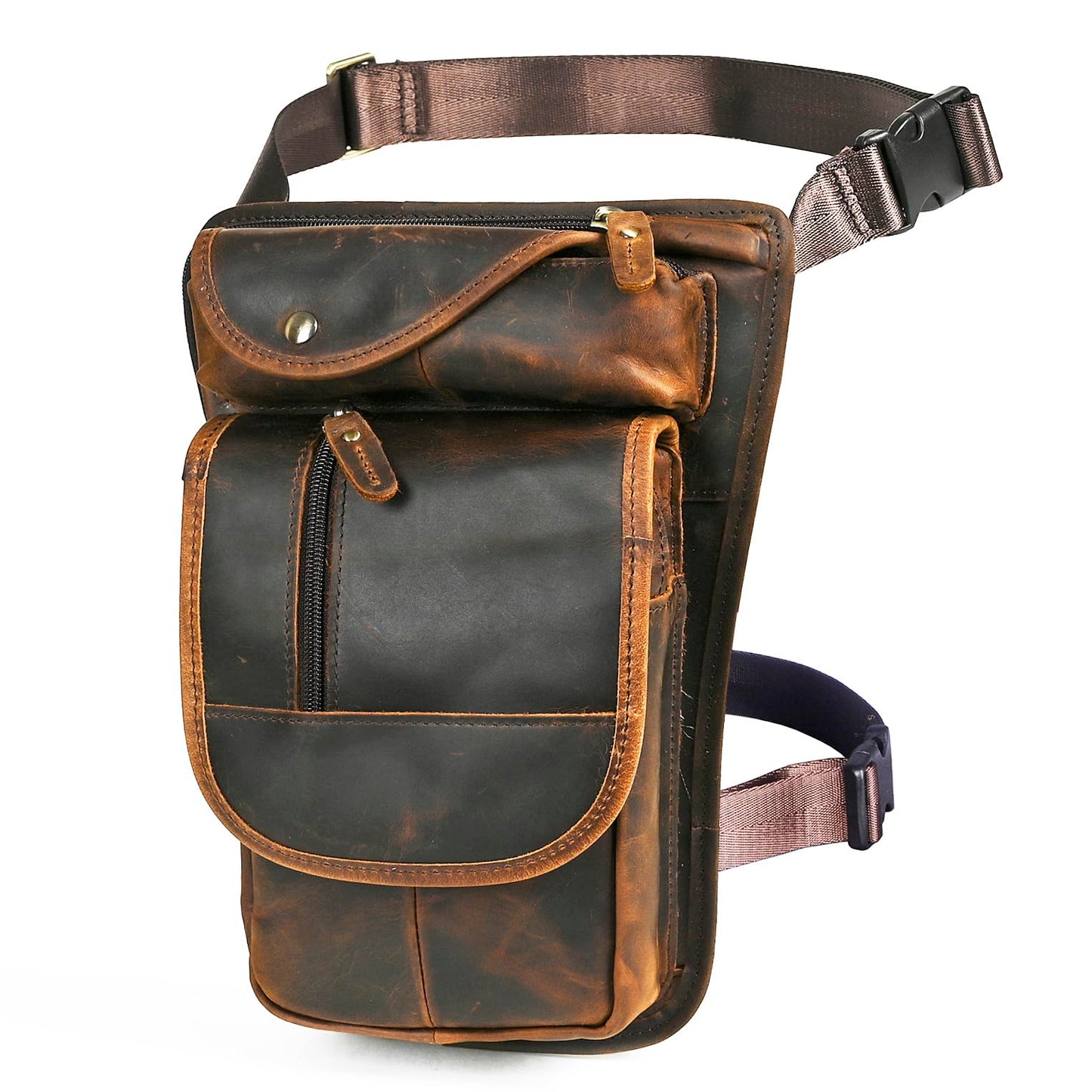 Handadsume Water Resistant Canvas + Leather Motorcycle Travel Fanny Waist Pack Drop Thigh Leg Bag Pouch For Men Women FB913-5 (100% Genuine Leather-X3112 Brown)