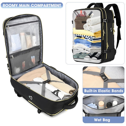 Large Carry On Travel Backpack - Flight Approved Waterproof Anti-Theft Luggage Daypack for Women Men Fit 17 Inch Laptop Business Weekender Overnight Backpack College Bag Personal Item Size Black