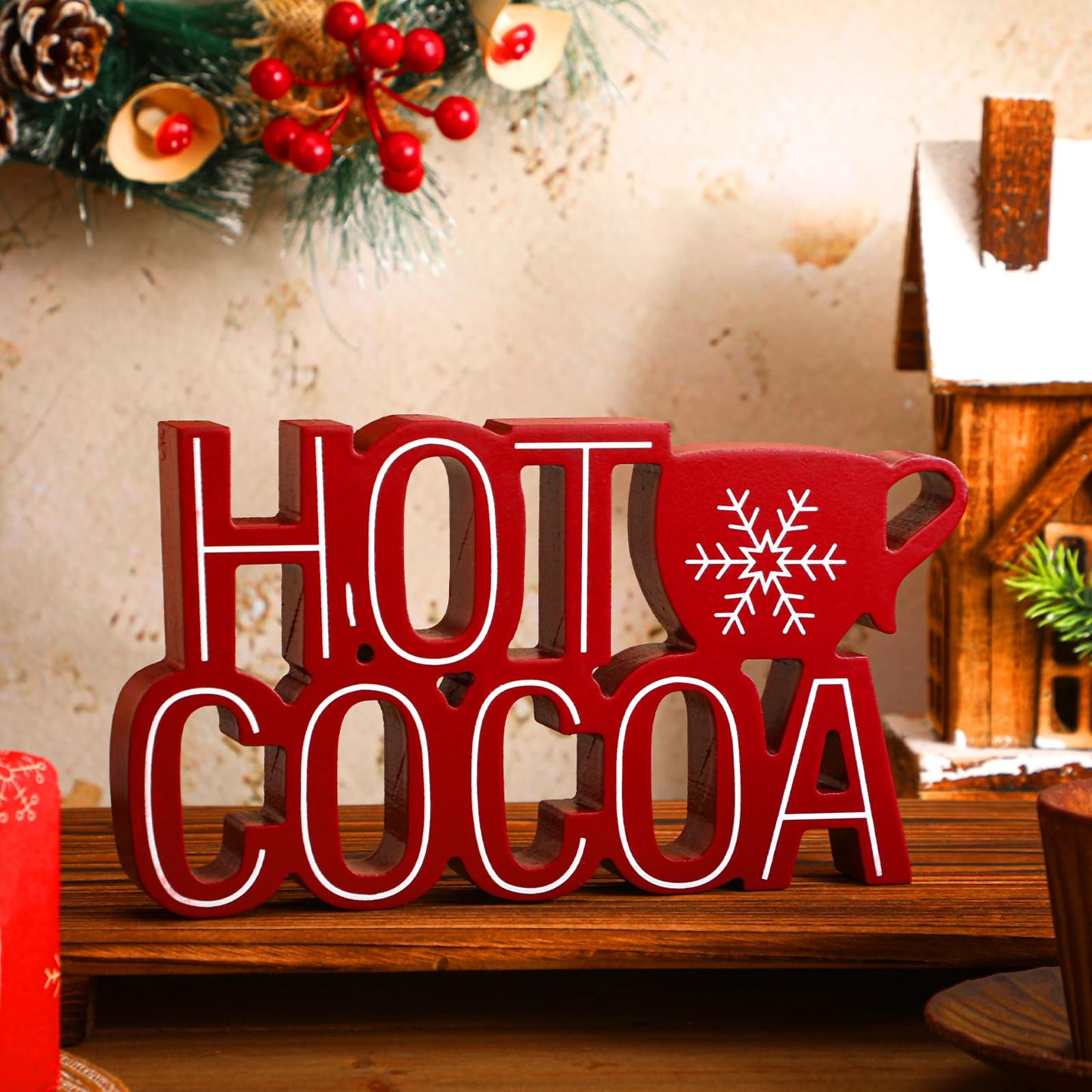 Roowest Christmas Hot Cocoa Bar Sign, Hot Cocoa with Mug Words Wood Tabletop Decoration Coffee Bar Wooden Block Sign for Table Shelf Home Kitchen Coffee Shop