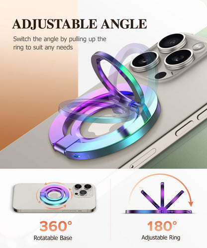 GVIEWIN Magnetic Phone Ring Holder, Compatible with MagSafe Phone Grip with Adjustable Stand, Magnet Phone Ring Kickstand for iPhone 17/16/15/14/13/12 Pro Max Plus Air/Other Phones (Glitter/Silver)