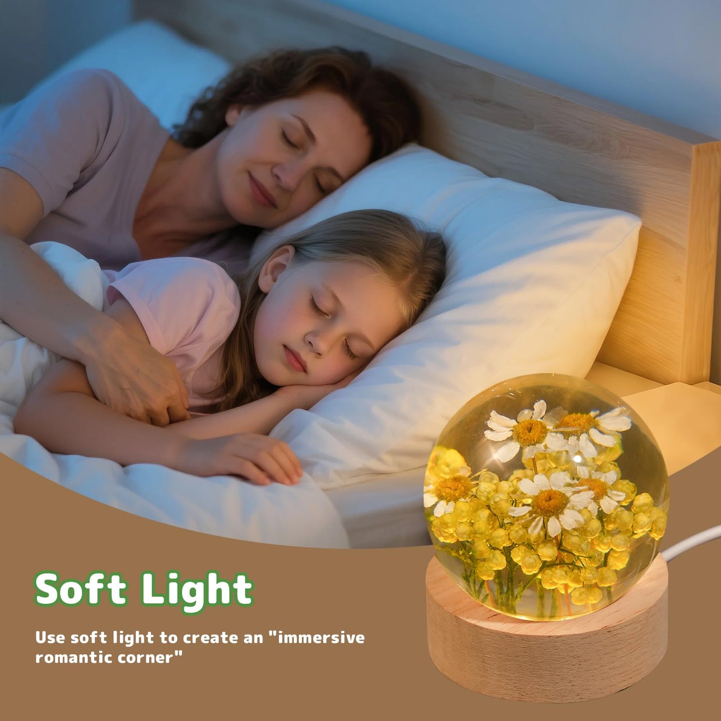 QNCMBUG Chamomile Crystal Ball Night Light - Real Chamomile Encased in Glowing Resin Ball, USB-Powered Desk Lamp with Wood Base, Unique Daisy Gift for Valentine's Day, Mother's Day & Home Decor